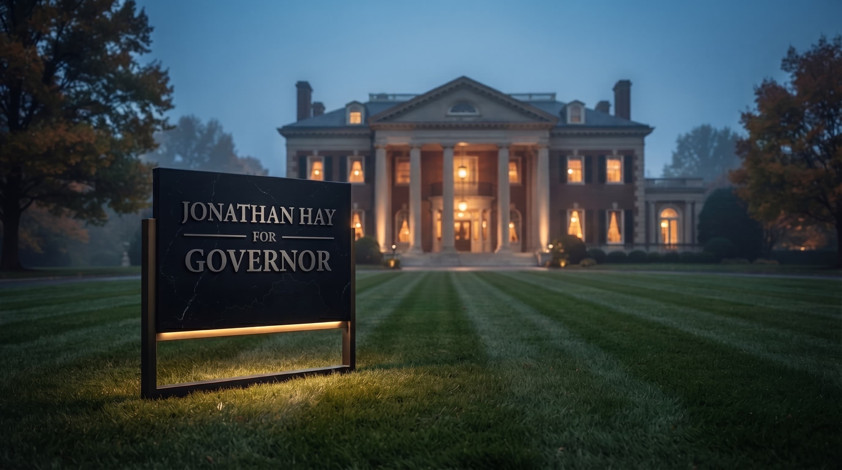 Jonathan Hay for Governor campaign sign on a lawn before a grand, lit mansion.