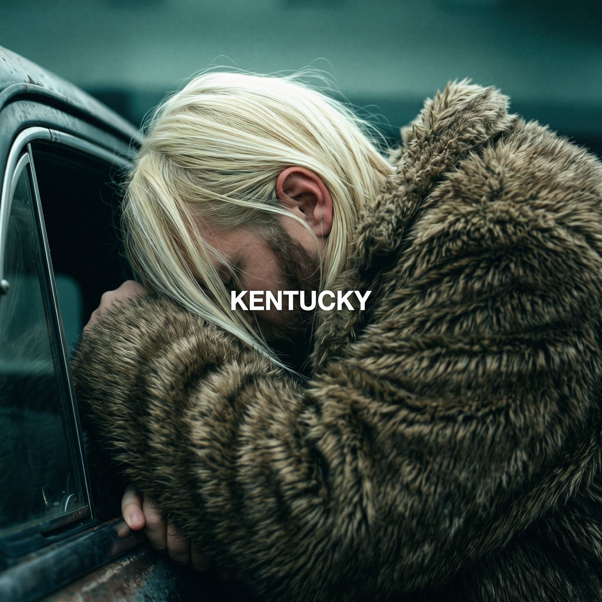 Bearded blonde person in a fur coat leans against a car window with 'KENTUCKY' text.